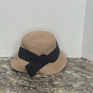 Vintage Cloche hat tan with black Rosette ribbon Wool Fedora Tan Church Hat